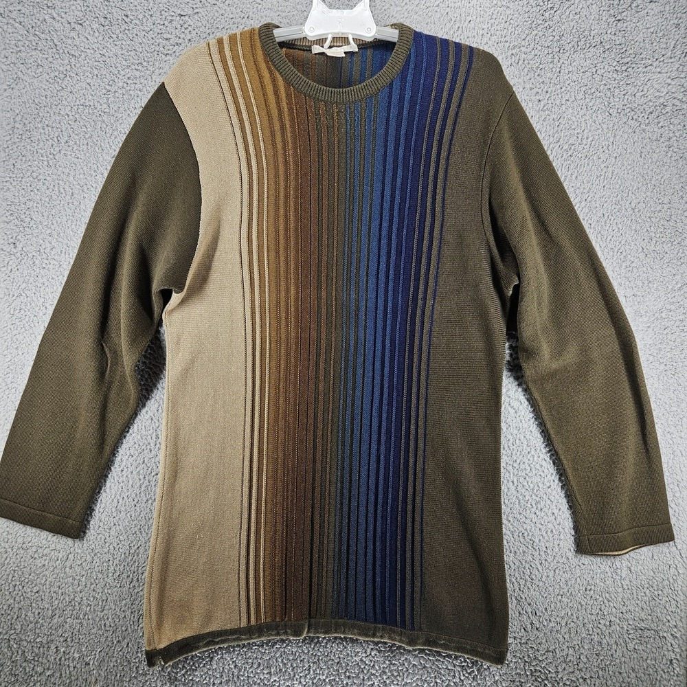 Perry Ellis Wool Blend Striped Crewneck Sweater XL Olive Blue Brown